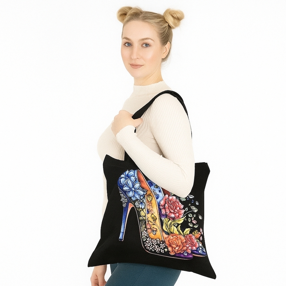 Hand Crafted Reusable Black Canvas Tote Bag 100% Cotton Floral Blue Heels 13x13" - Picture 3 of 17